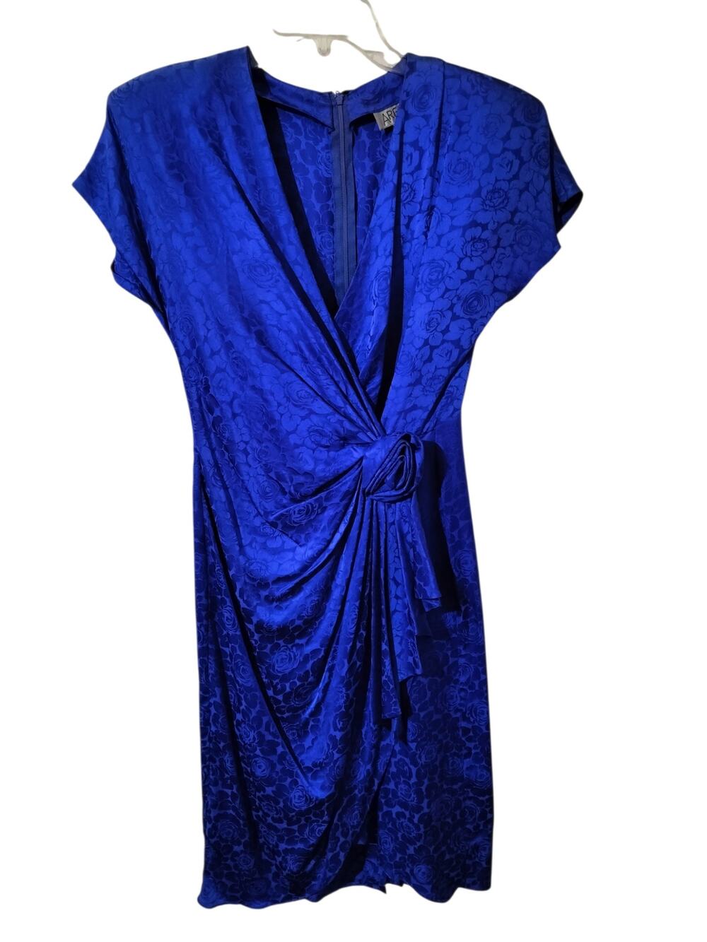 6051)Vtg 80s Argenti Blue Pure Silk Subtle Floral Print Wrap Cocktail Dress Sz 8
